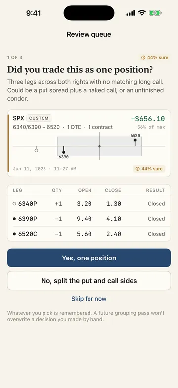 Fillbook review queue showing option executions grouped into positions for the trader to confirm