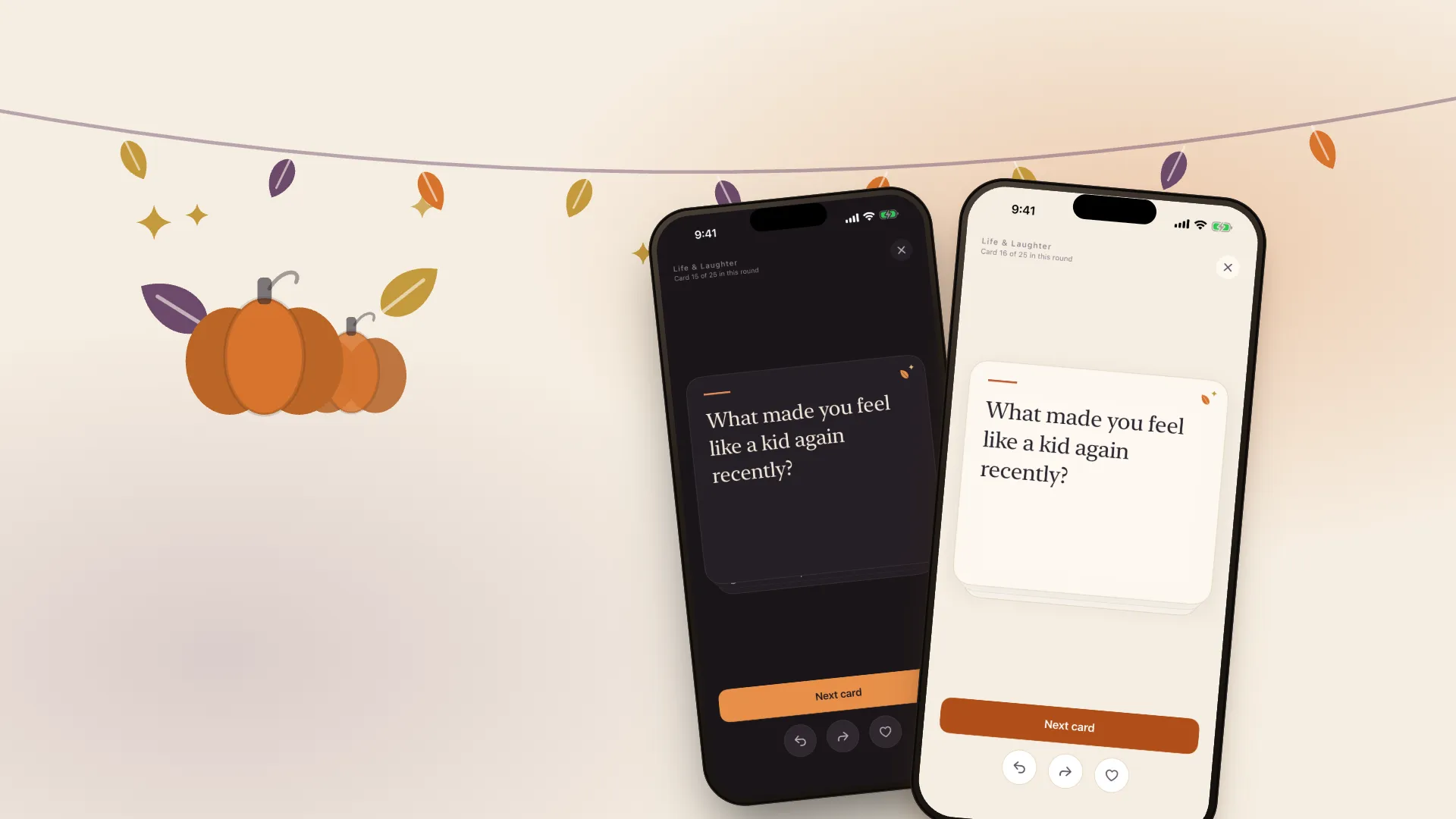 While We're Here Halloween theme in light and dark mode, showing a conversation card asking what made you feel like a kid again recently
