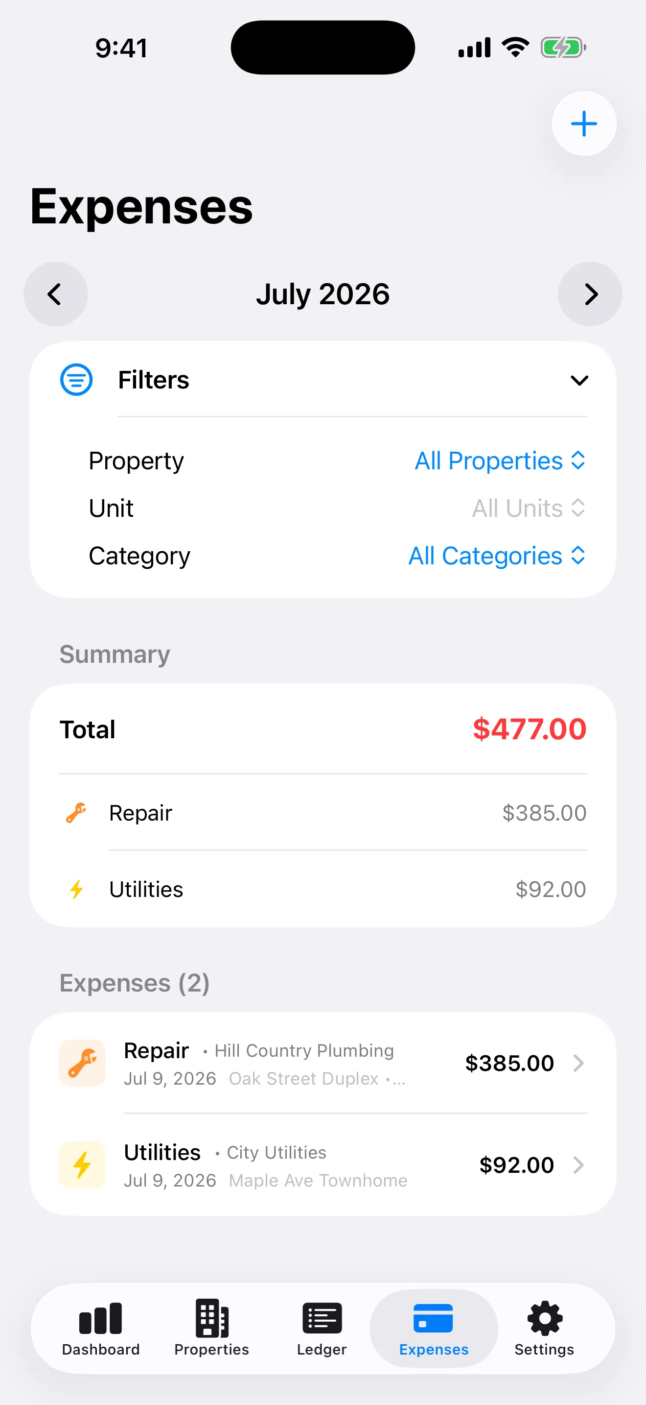 The Expenses screen showing a monthly total and category summary