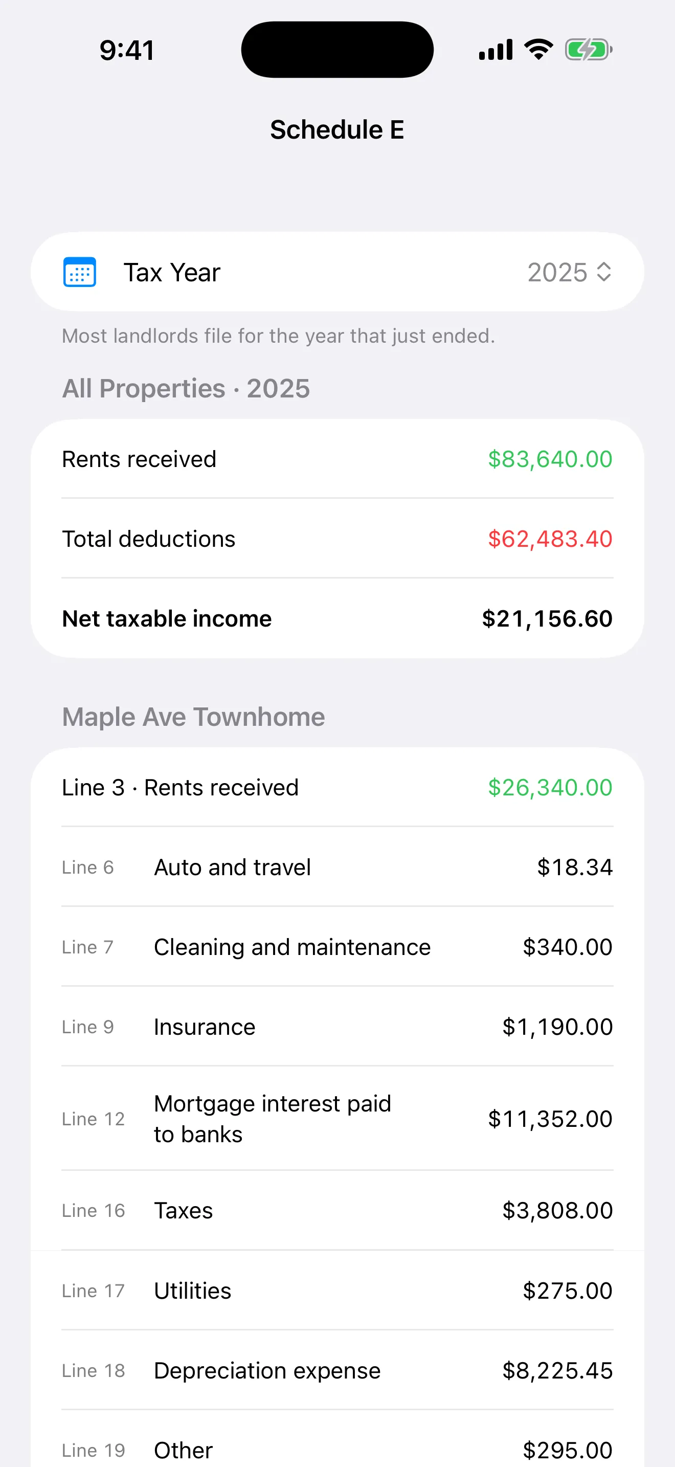 The Schedule E screen showing rents received and expenses by line number for one property