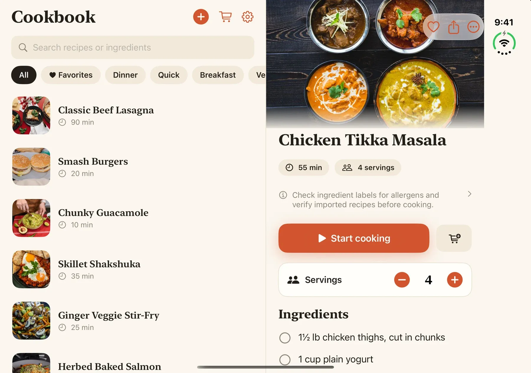 Sousbook recipe organizer in the expanded iPhone Duo simulator, with a personal cookbook beside the selected recipe