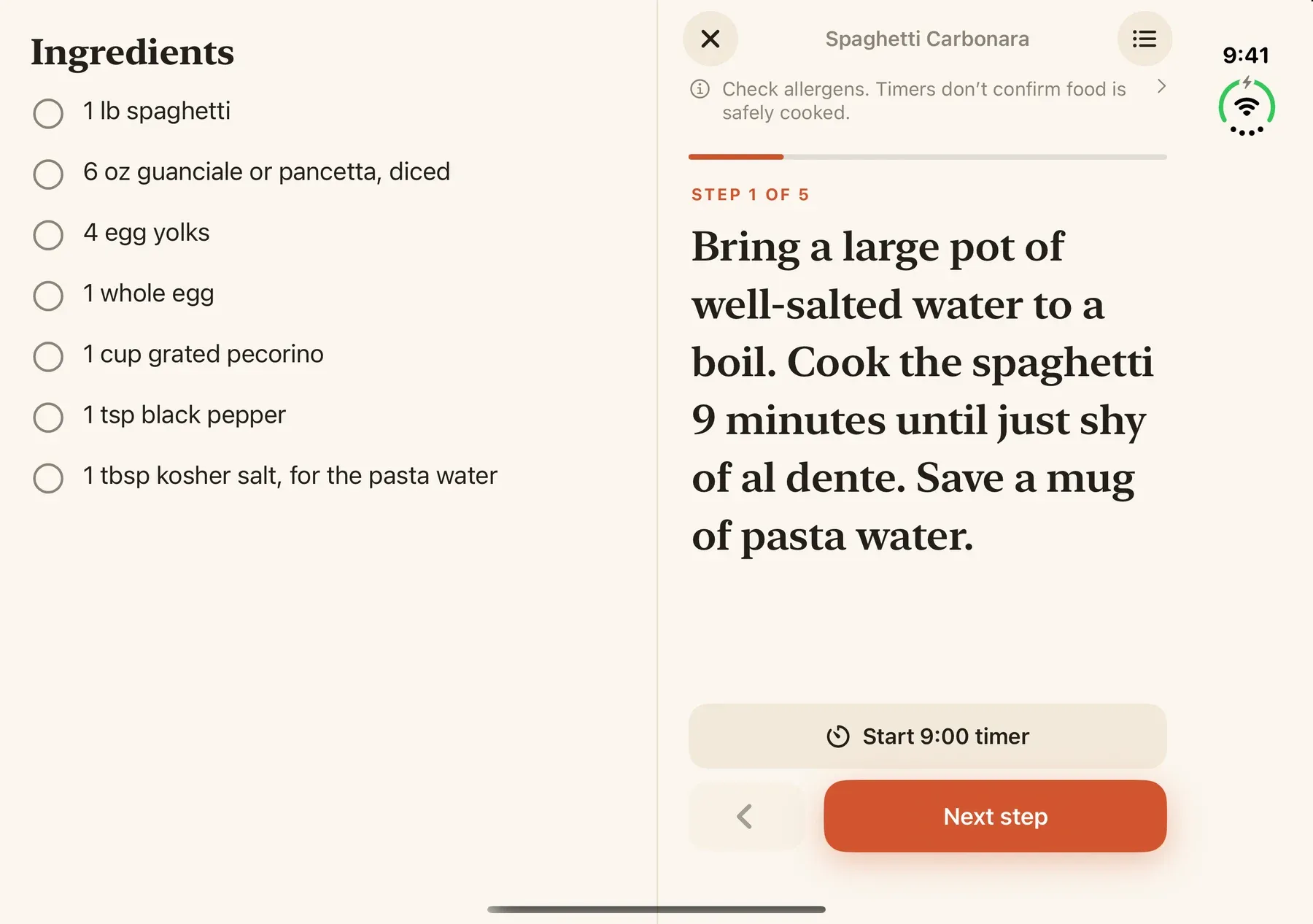 Sousbook cooking mode on iPhone Duo showing spaghetti carbonara ingredients beside step one and a nine-minute timer button