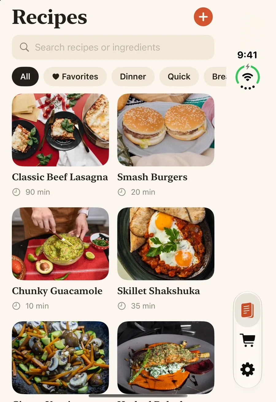 Sousbook's compact recipe library on the iPhone Duo cover display, showing recipe photos, search, favorites, and categories