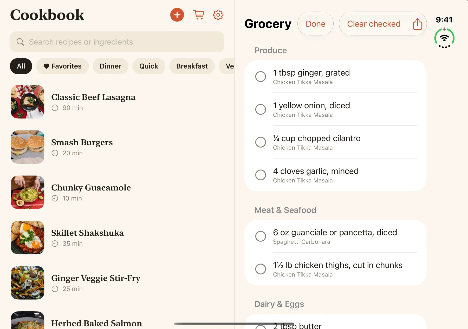 Sousbook grocery list organized by aisle beside a sample cookbook in the iPhone Duo simulator